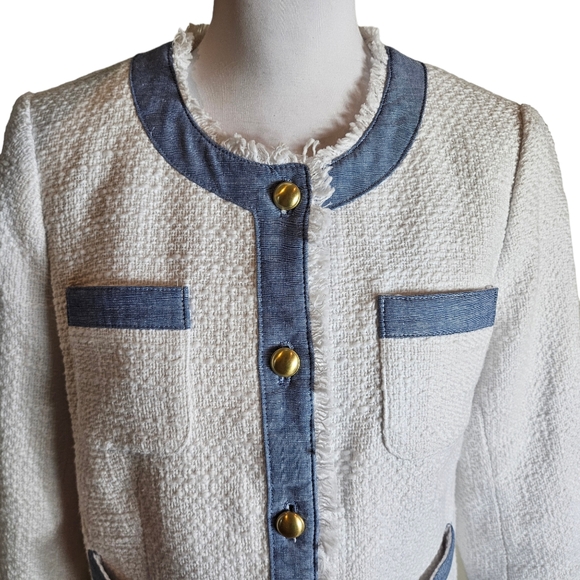 Talbots Petites White Denim Tweed Blazer Jacket Size 12P Button Up Fringed Chic - Picture 3 of 16